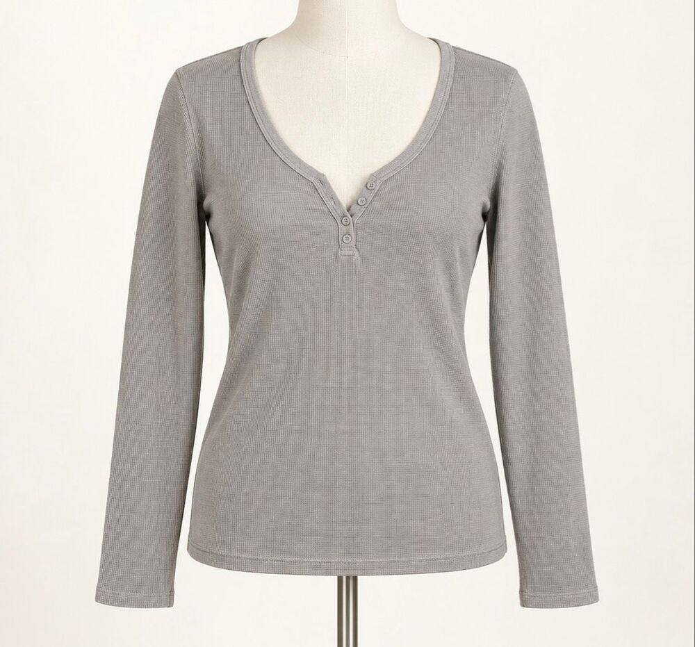 Splendid Gray Thermal Waffle Knit Henley Long Sleeve Top Medium